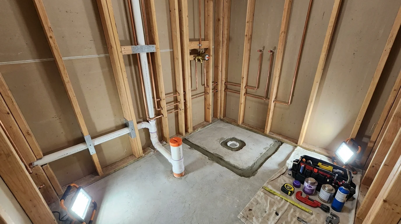 Bathroom rough-in plumbing during remodel by Johns Plumbing LLC in Mondovi