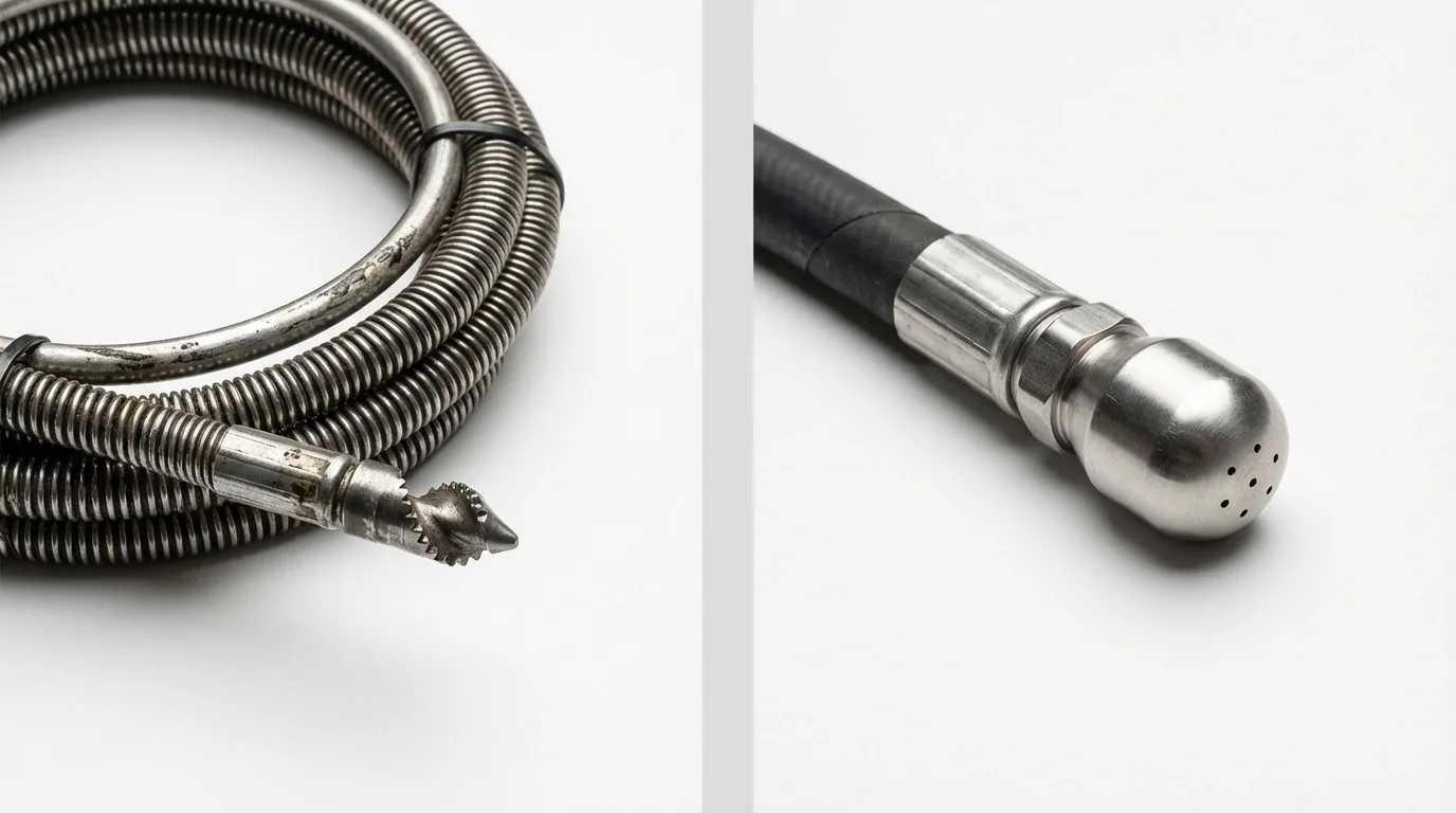 Drain snake cable and hydro jetting nozzle used for drain cleaning in Mondovi, WI