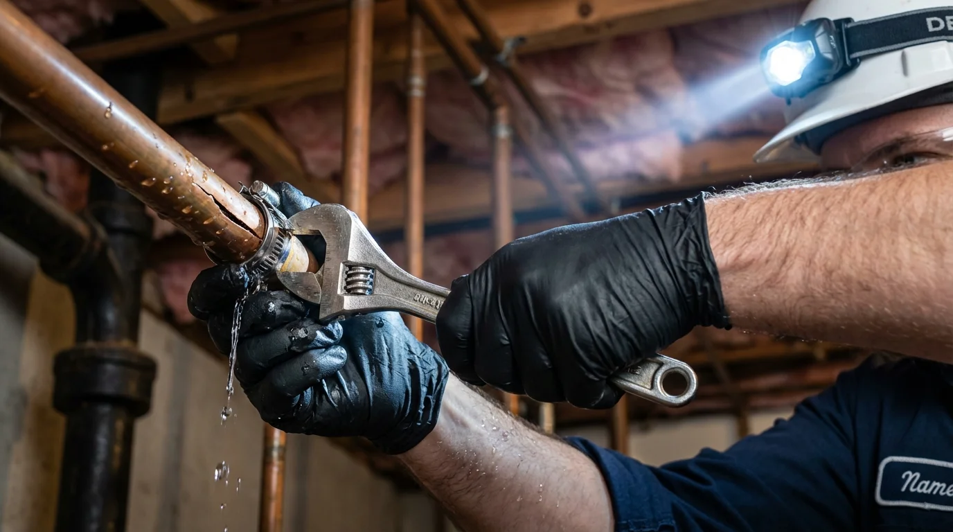 Emergency pipe clamp repair being performed by a Johns Plumbing LLC plumber in Mondovi