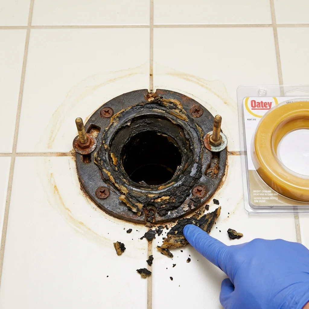Failed wax ring showing water seepage at the base of a toilet in a Mondovi, WI home